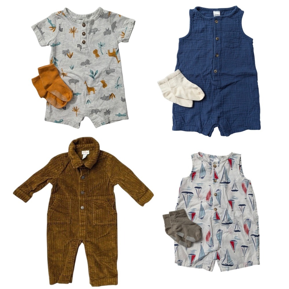 Adorable 9M Baby Boy Romper Bundle 4pc + Socks Outfit Set Carter's Cat & Jack‎